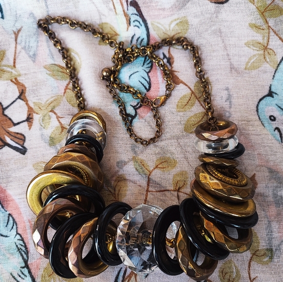 Clear Faceted Chunky Acrylic and Mixed Metal Ring Disc Brass Tone Necklace - Picture 13 of 13